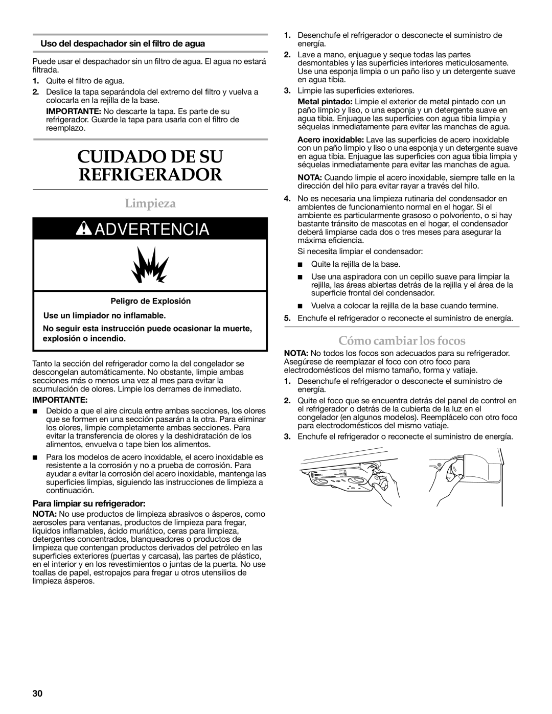 KitchenAid KTRC22KVSS Cuidado DE SU Refrigerador, Limpieza, Cómo cambiar los focos, Para limpiar su refrigerador 