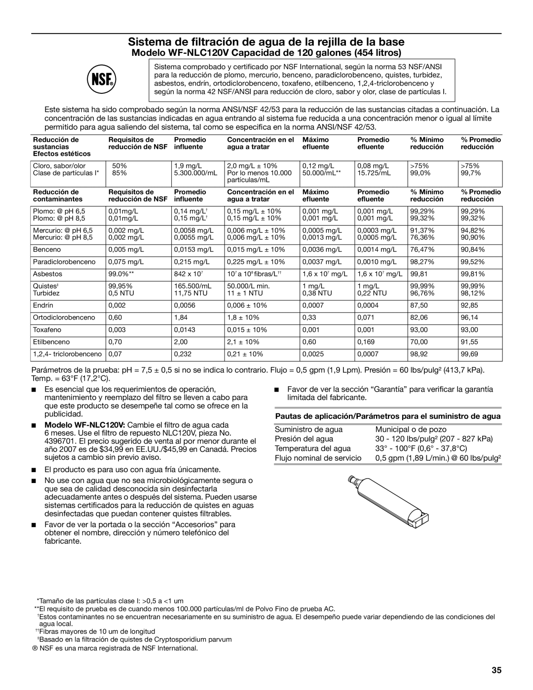 KitchenAid KTRC22KVSS installation instructions Modelo WF-NLC120V Capacidad de 120 galones 454 litros 