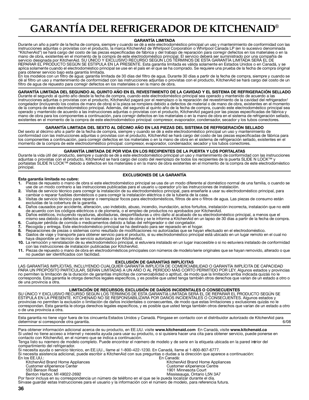 KitchenAid KTRC22KVSS installation instructions Garantía DEL Refrigerador DE Kitchenaid, Garantía Limitada 