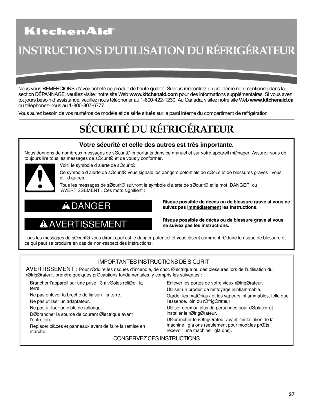 KitchenAid KTRC22KVSS installation instructions Instructions Dutilisation DU Réfrigérateur, Sécurité DU Réfrigérateur 