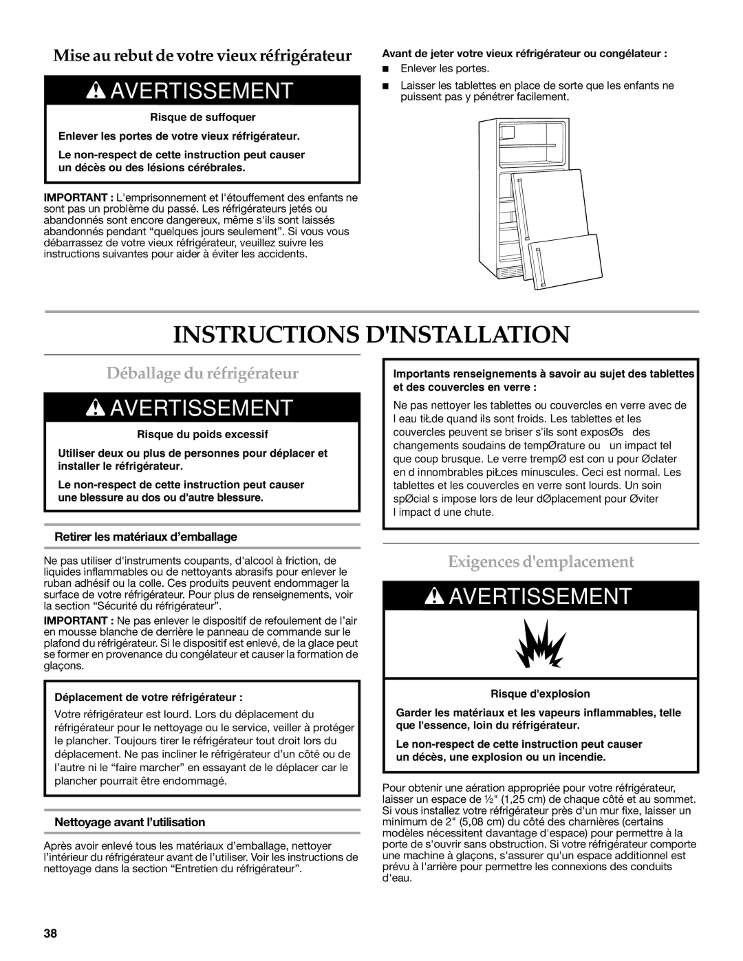 KitchenAid KTRC22KVSS Instructions Dinstallation, Déballage du réfrigérateur, Exigences demplacement 