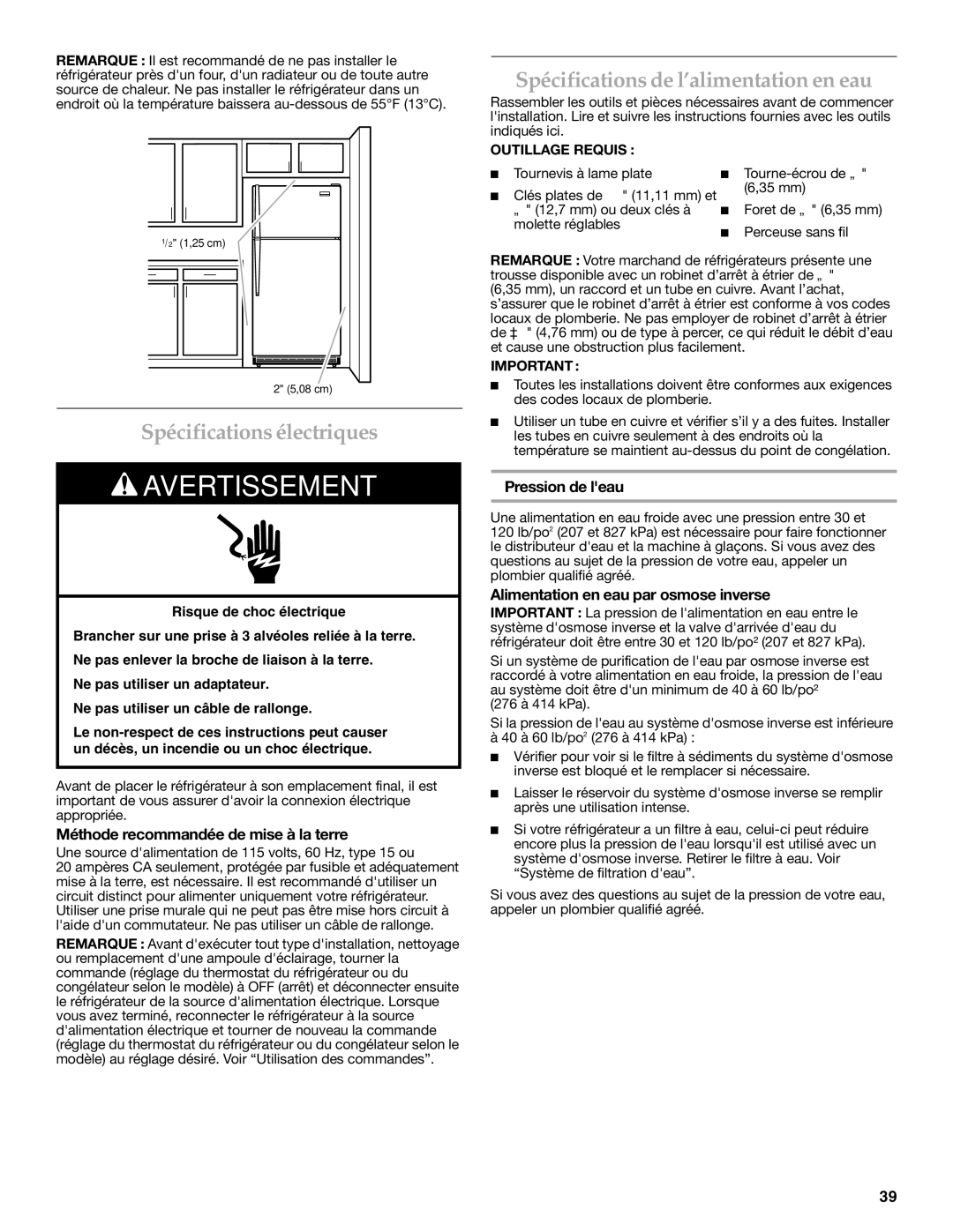 KitchenAid KTRC22KVSS Spécifications électriques, Spécifications de l’alimentation en eau, Pression de leau 