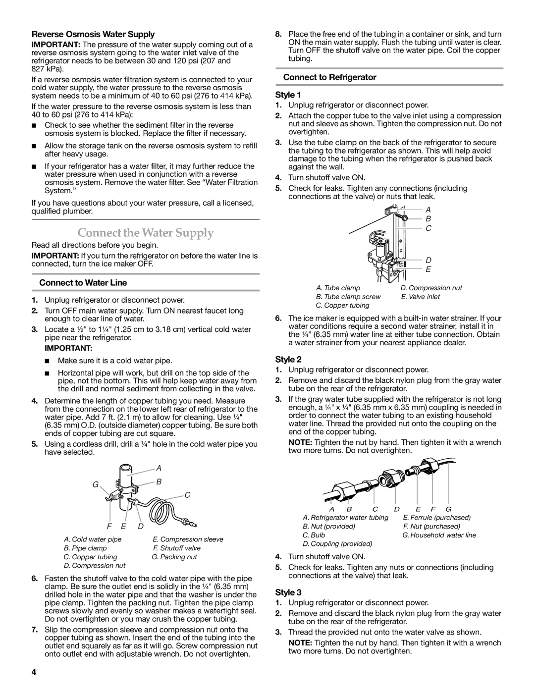 KitchenAid KTRC22KVSS Connect the Water Supply, Reverse Osmosis Water Supply, Connect to Water Line 