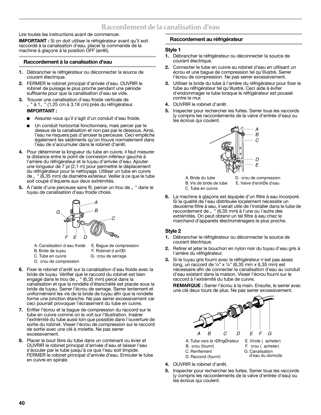 KitchenAid KTRC22KVSS installation instructions Raccordement de la canalisation deau, Raccordement à la canalisation d’eau 