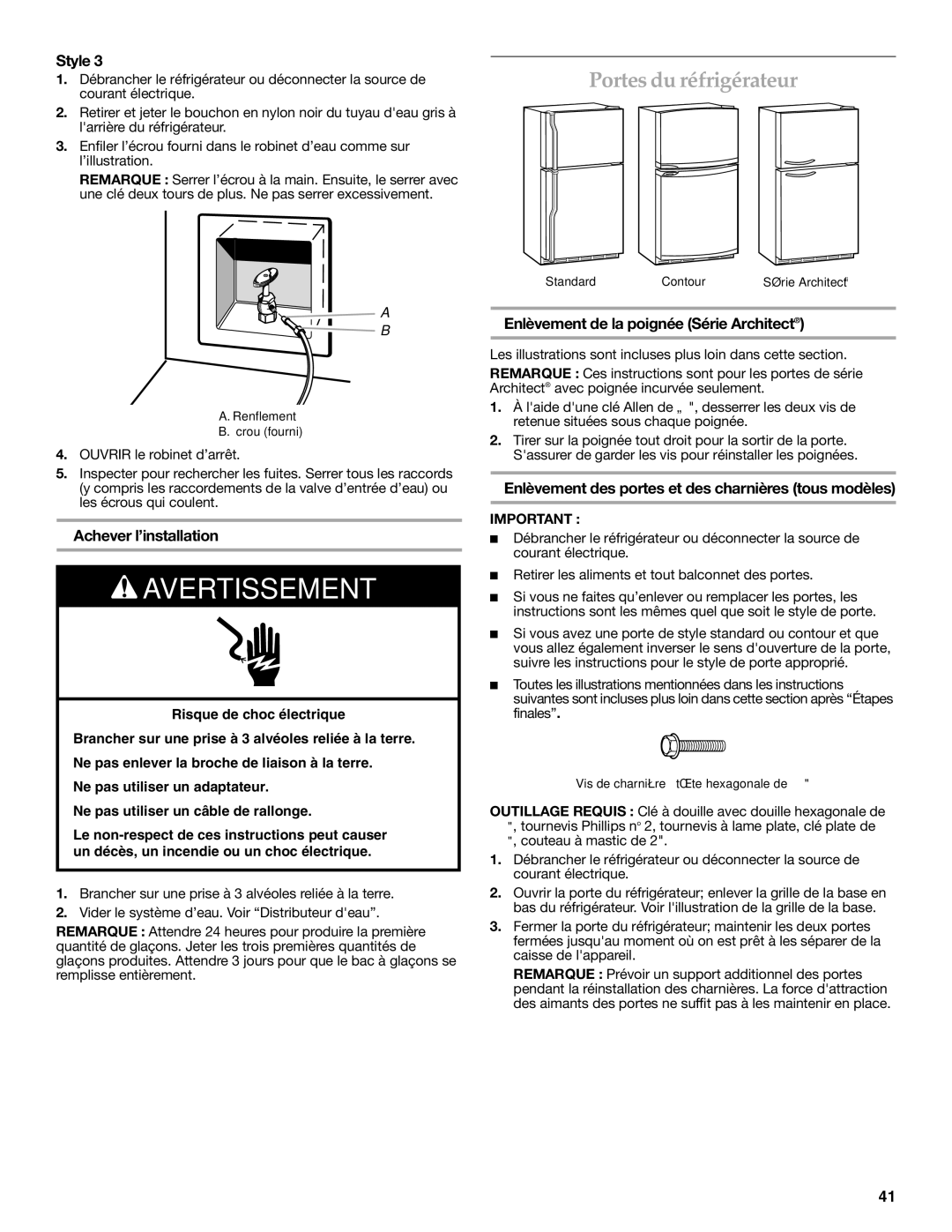 KitchenAid KTRC22KVSS Portes du réfrigérateur, Achever l’installation, Enlèvement de la poignée Série Architect 