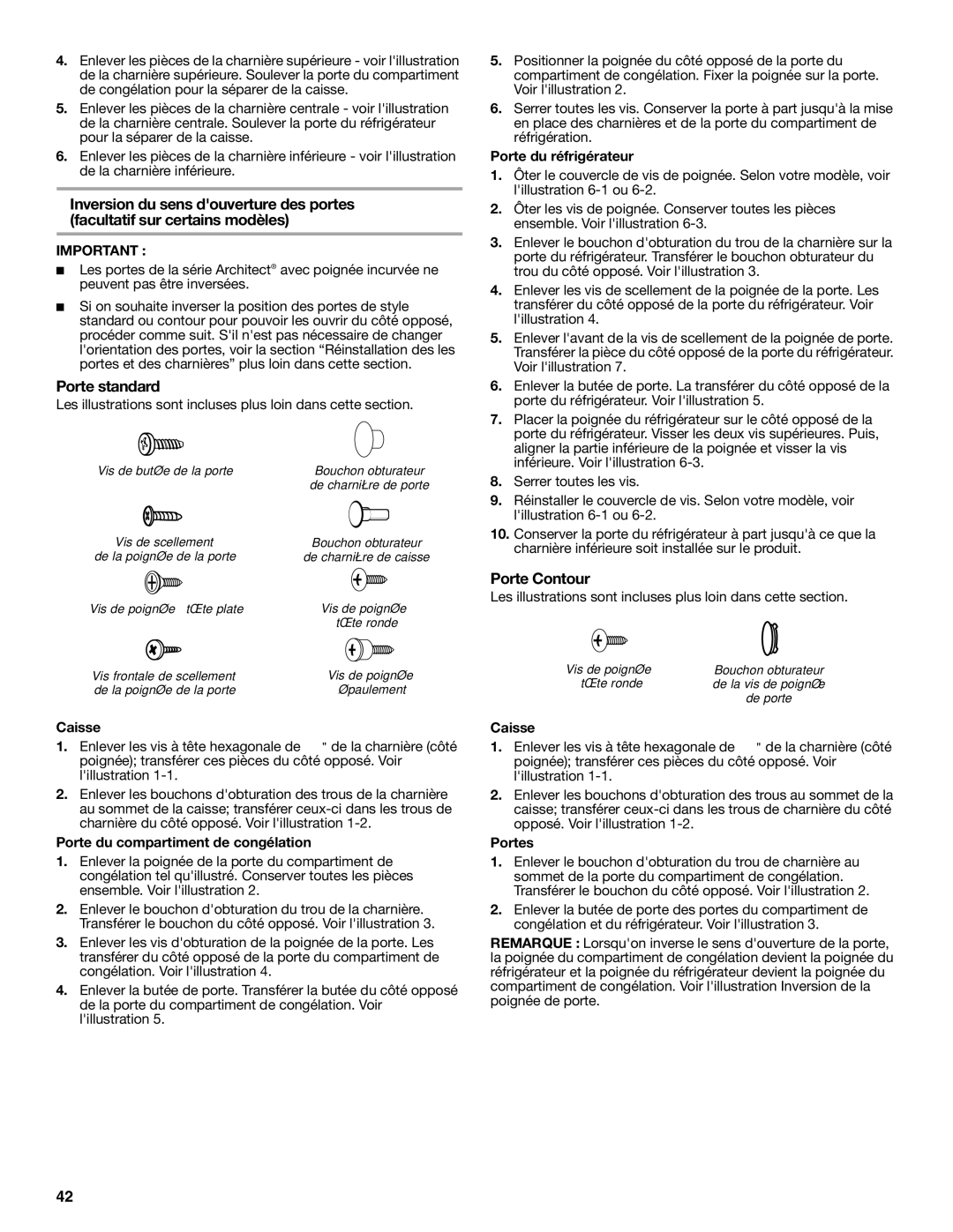 KitchenAid KTRC22KVSS installation instructions Porte standard, Porte Contour 