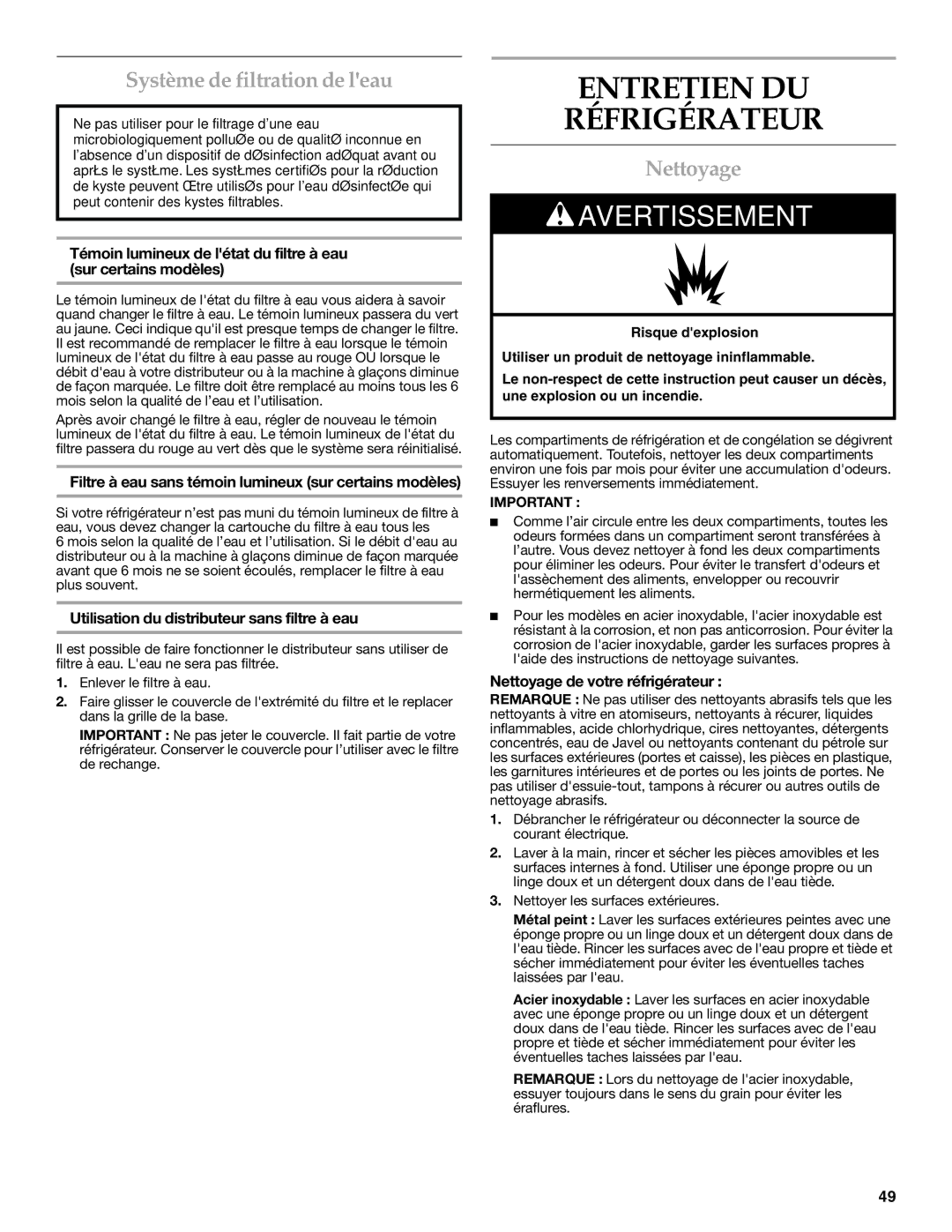 KitchenAid KTRC22KVSS installation instructions Entretien DU Réfrigérateur, Système de filtration de leau, Nettoyage 