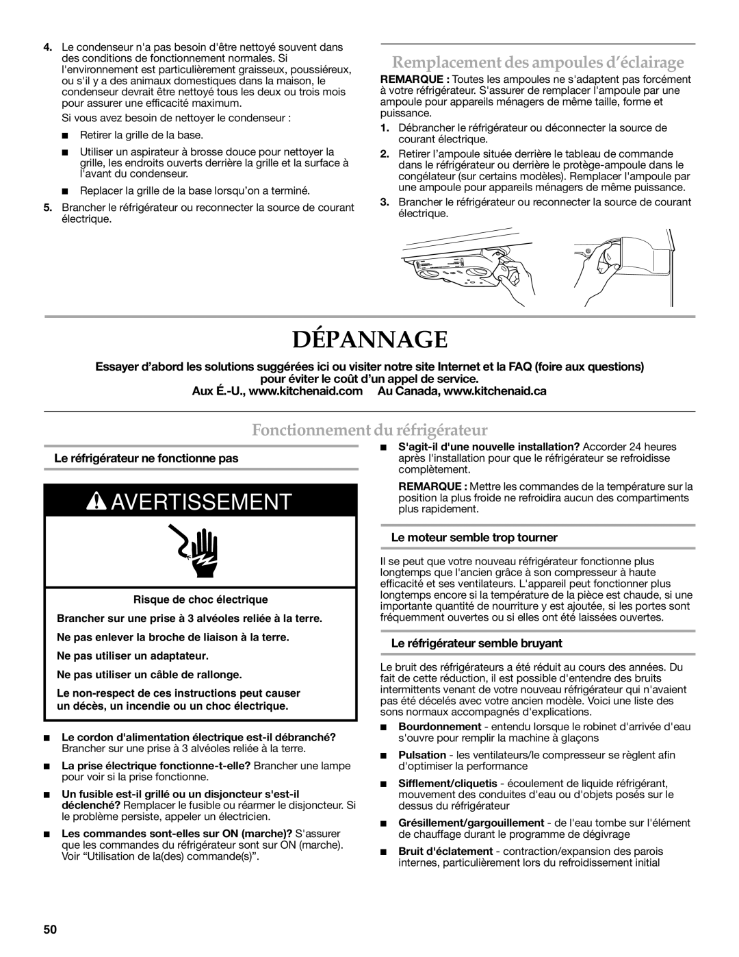 KitchenAid KTRC22KVSS Dépannage, Remplacement des ampoules d’éclairage, Fonctionnement du réfrigérateur 