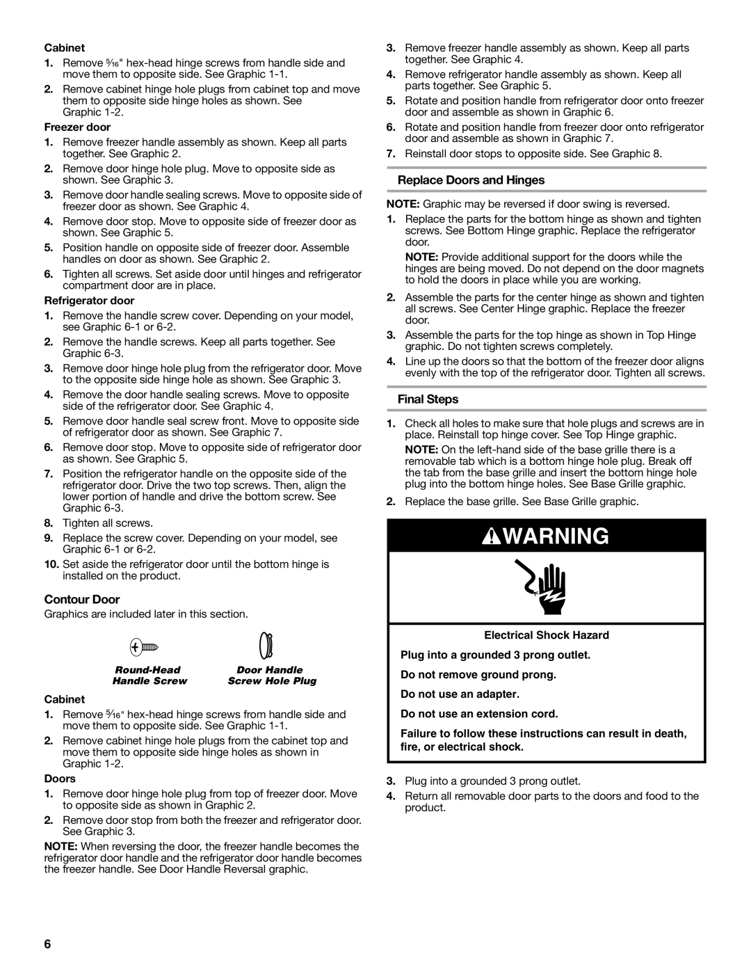 KitchenAid KTRC22KVSS installation instructions Contour Door, Replace Doors and Hinges, Final Steps 