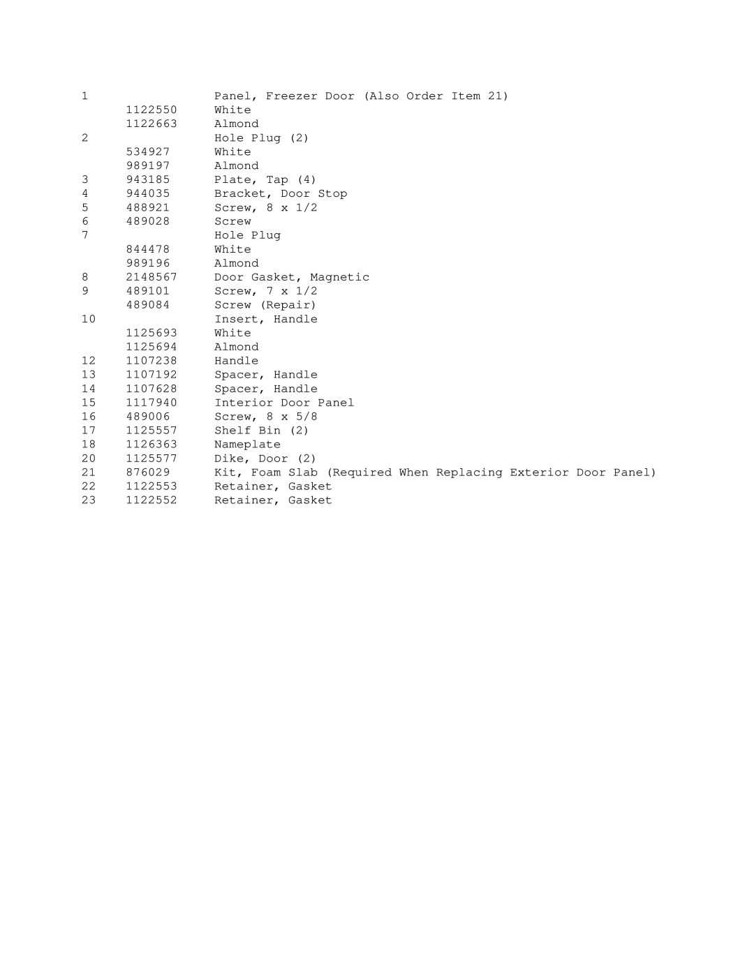 KitchenAid KTRC22KXWH20 manual Panel, Freezer Door Also Order Item 