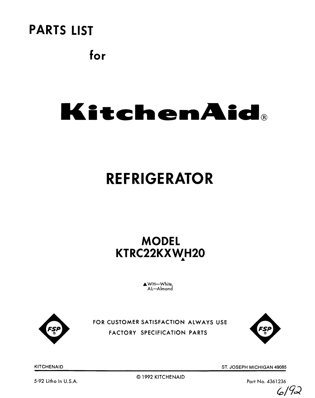 KitchenAid KTRC22KXWH20 manual 