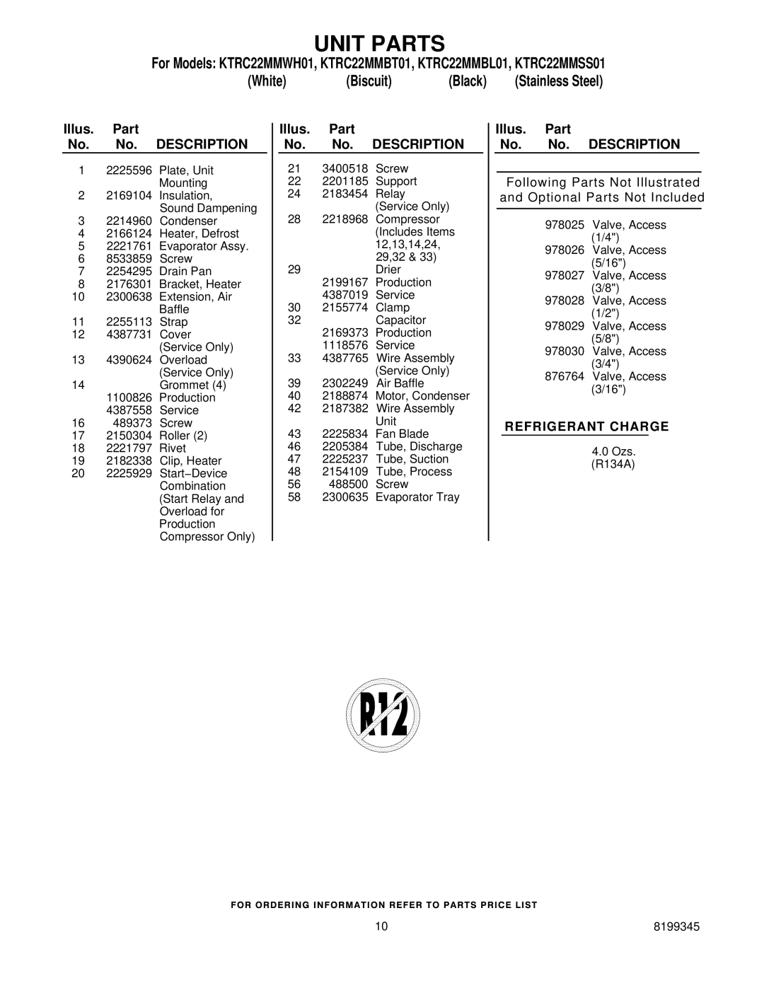 KitchenAid KTRC22MMBL01, KTRC22MMWH01, KTRC22MMBT01, KTRC22MMSS01 manual Unit Parts, Illus. Part No. No. Description 