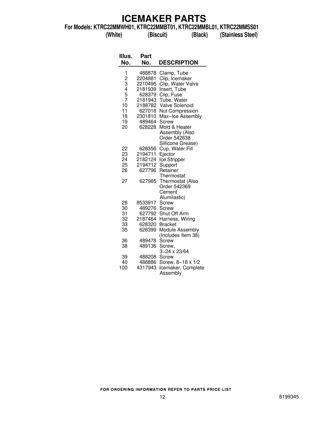 KitchenAid KTRC22MMWH01, KTRC22MMBT01, KTRC22MMBL01, KTRC22MMSS01 manual Illus Part No. Description 