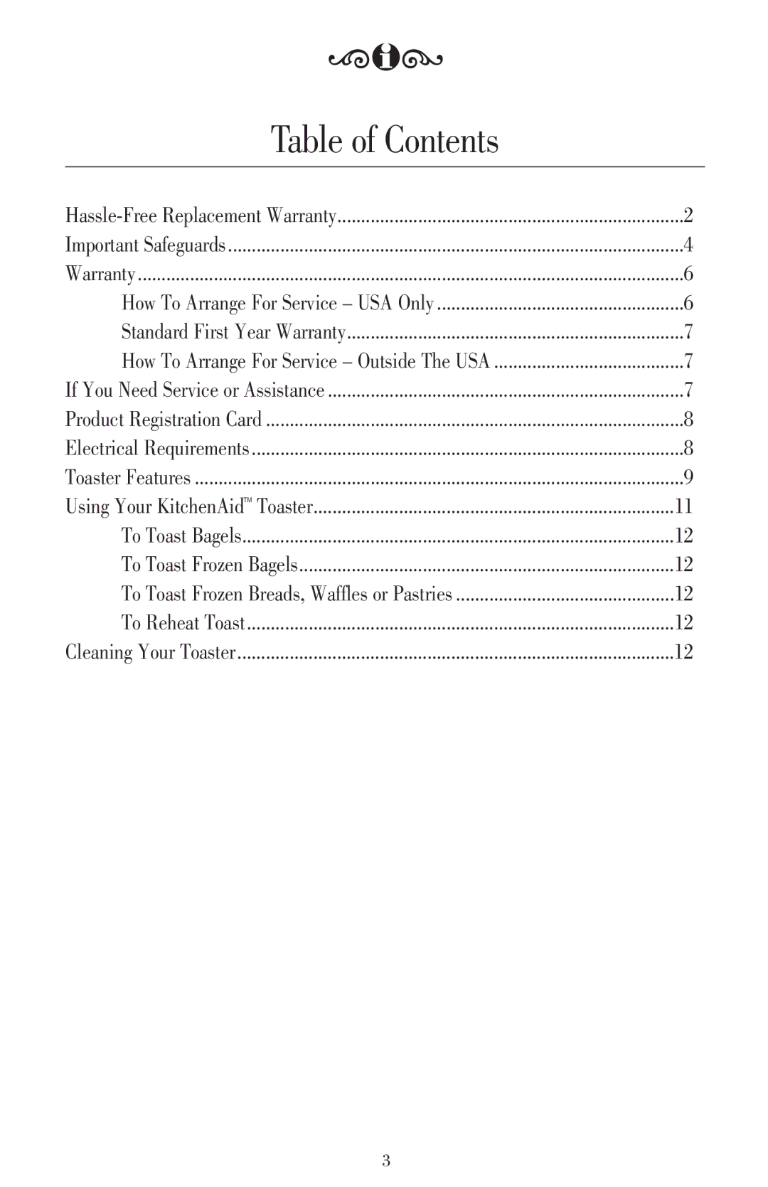 KitchenAid KTT220 manual Table of Contents 