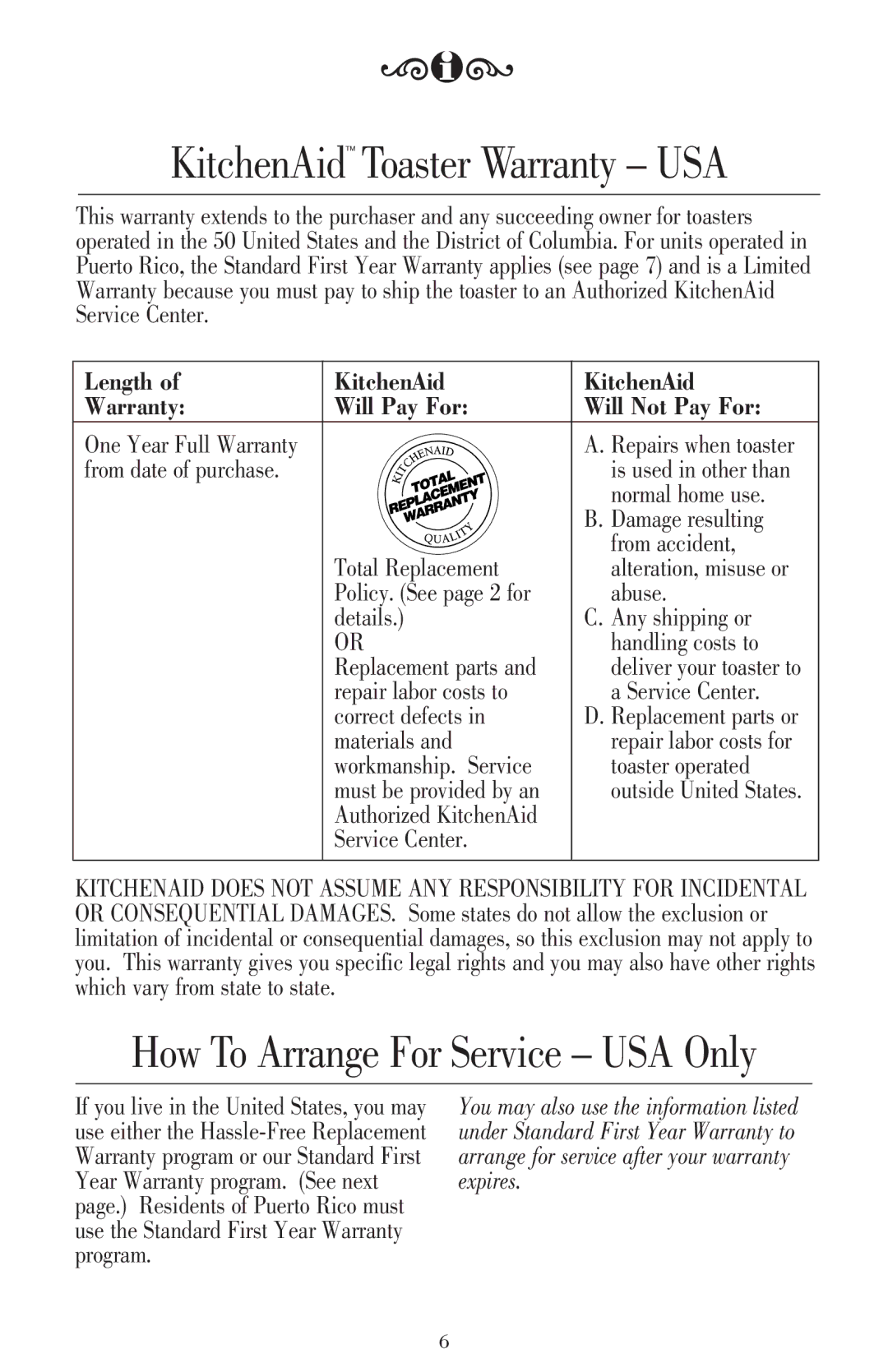 KitchenAid KTT220 manual KitchenAid Toaster Warranty USA, Length KitchenAid Warranty Will Pay For Will Not Pay For 