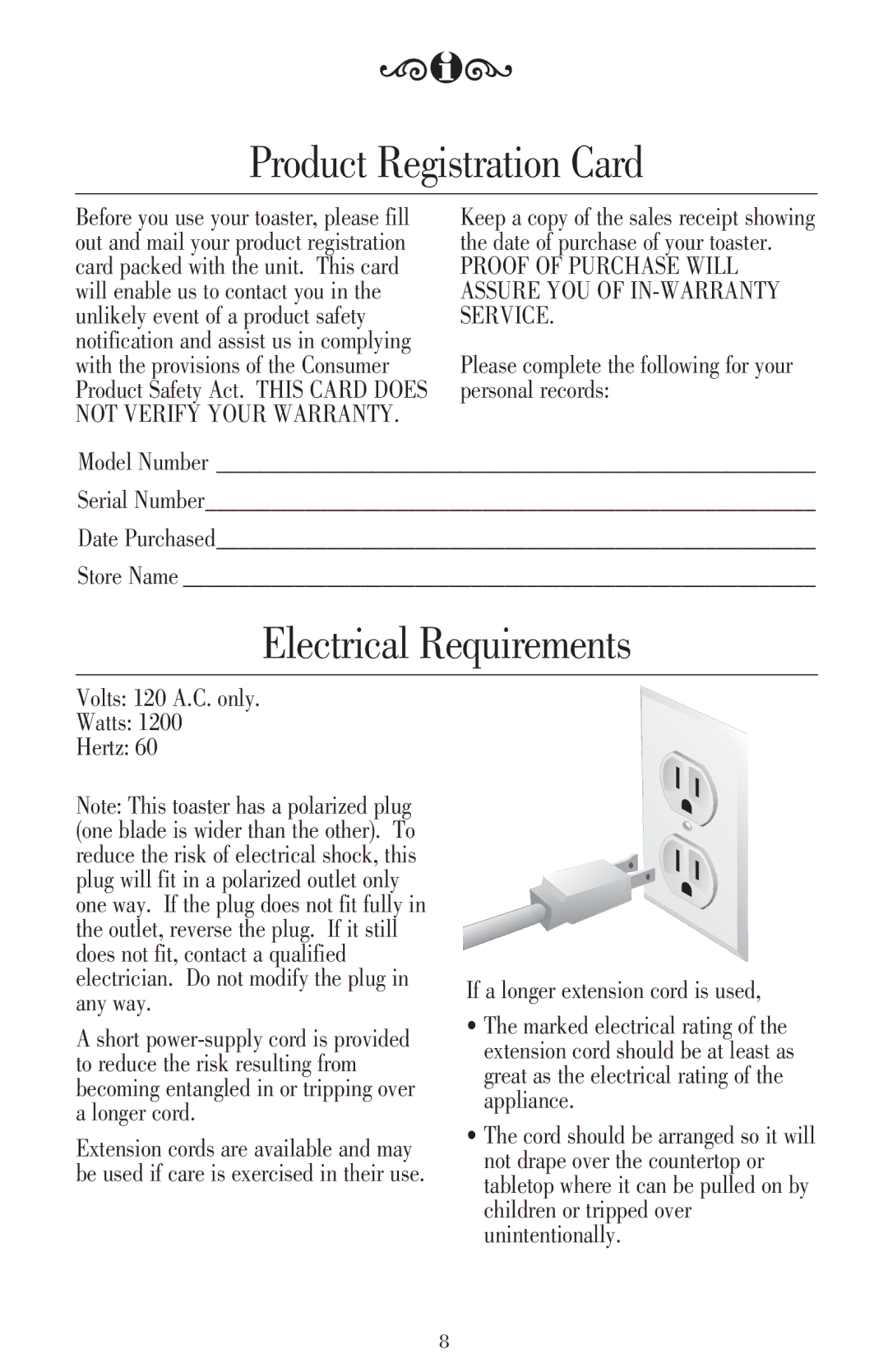 KitchenAid KTT220 manual Product Registration Card, Electrical Requirements 