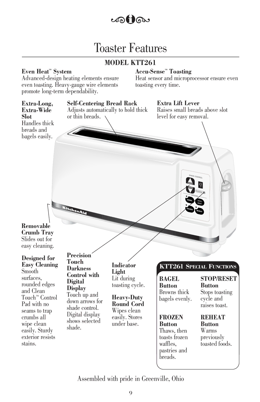 KitchenAid KTT220 manual Toaster Features, Model KTT261 