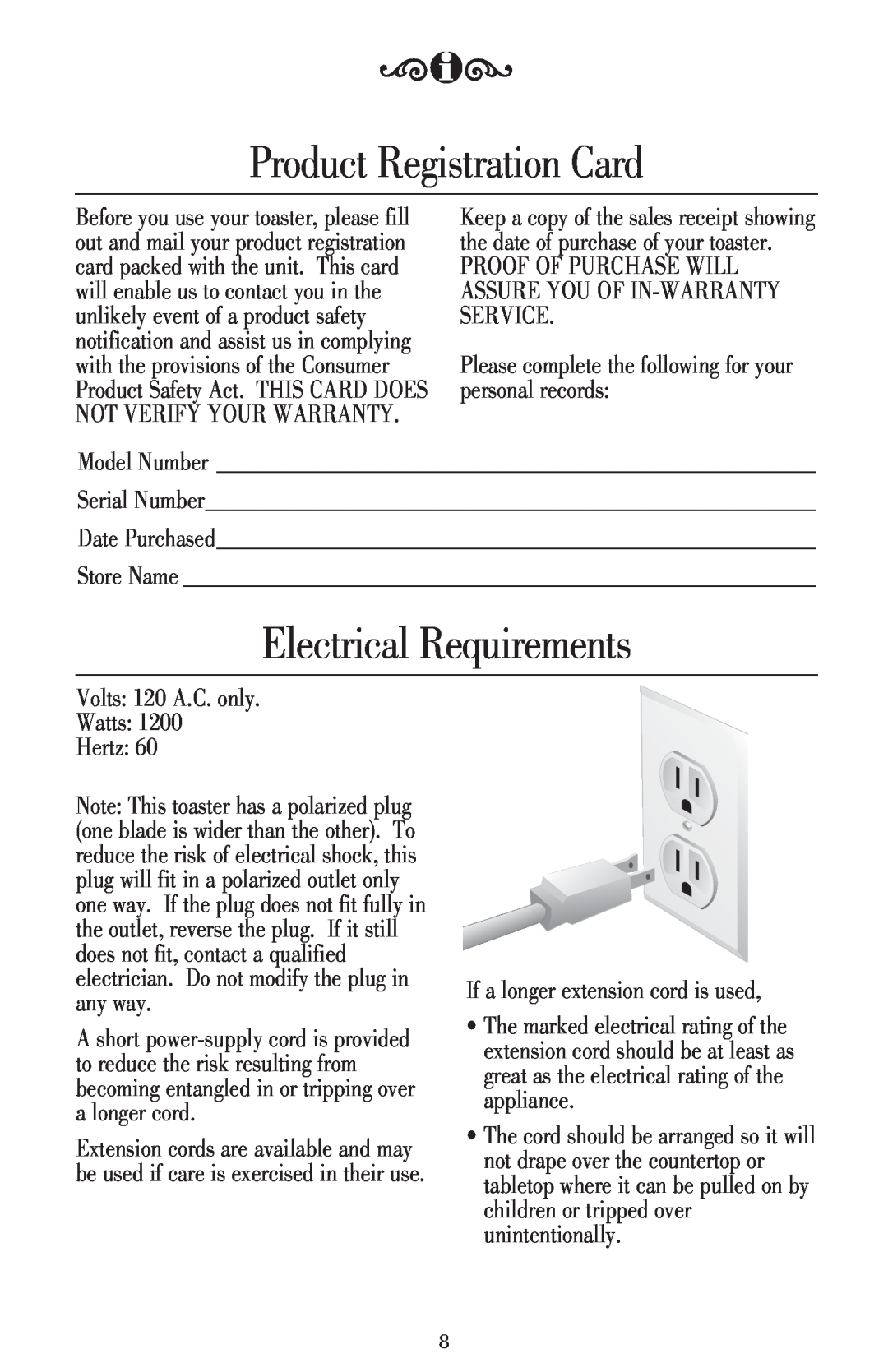 KitchenAid KTT220 manual Product Registration Card, Electrical Requirements 