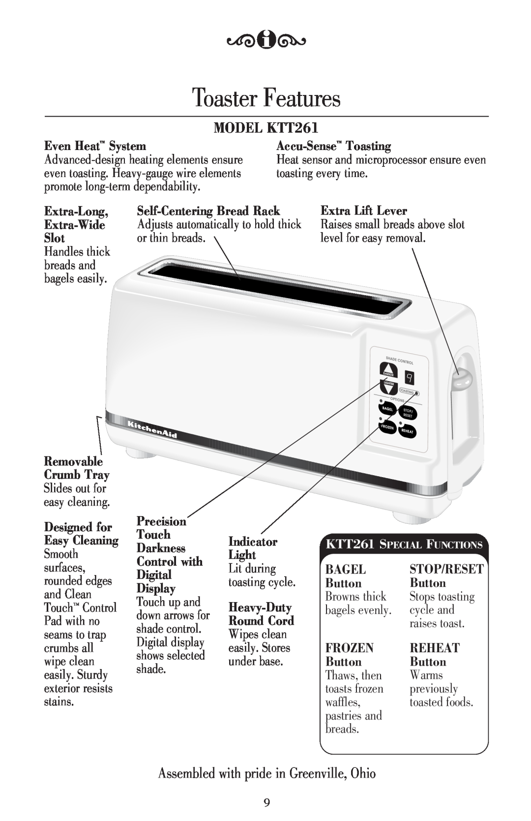 KitchenAid KTT220 manual Toaster Features, MODEL KTT261 