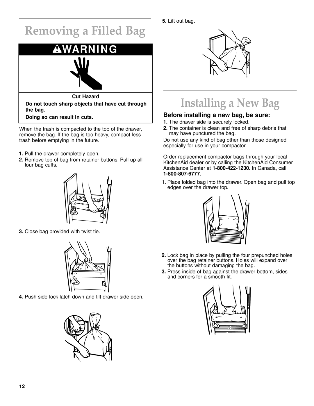 KitchenAid KUCC151, KCCC151 manual Removing a Filled Bag, Installing a New Bag, Before installing a new bag, be sure 