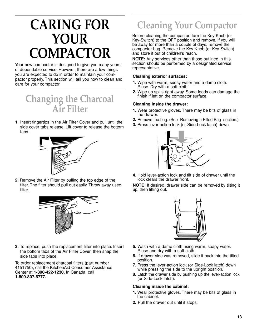 KitchenAid KCCC151, KUCC151 manual Caring for Your Compactor, Changing the Charcoal Air Filter, Cleaning Your Compactor 