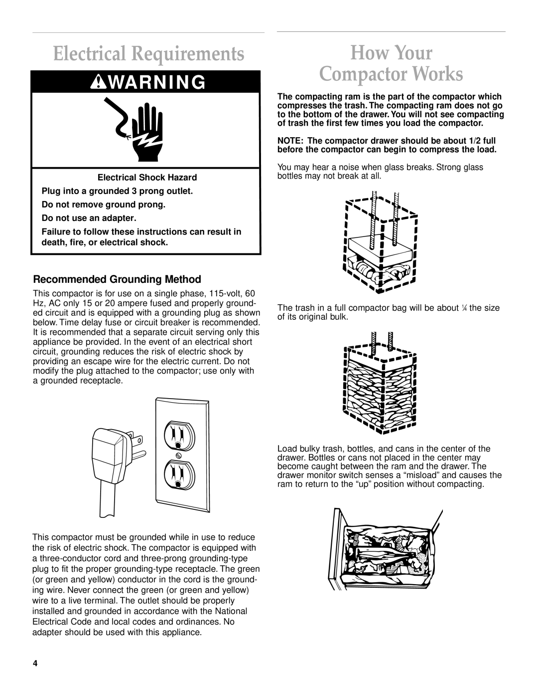 KitchenAid KUCC151, KCCC151 manual Electrical Requirements, How Your Compactor Works, Recommended Grounding Method 