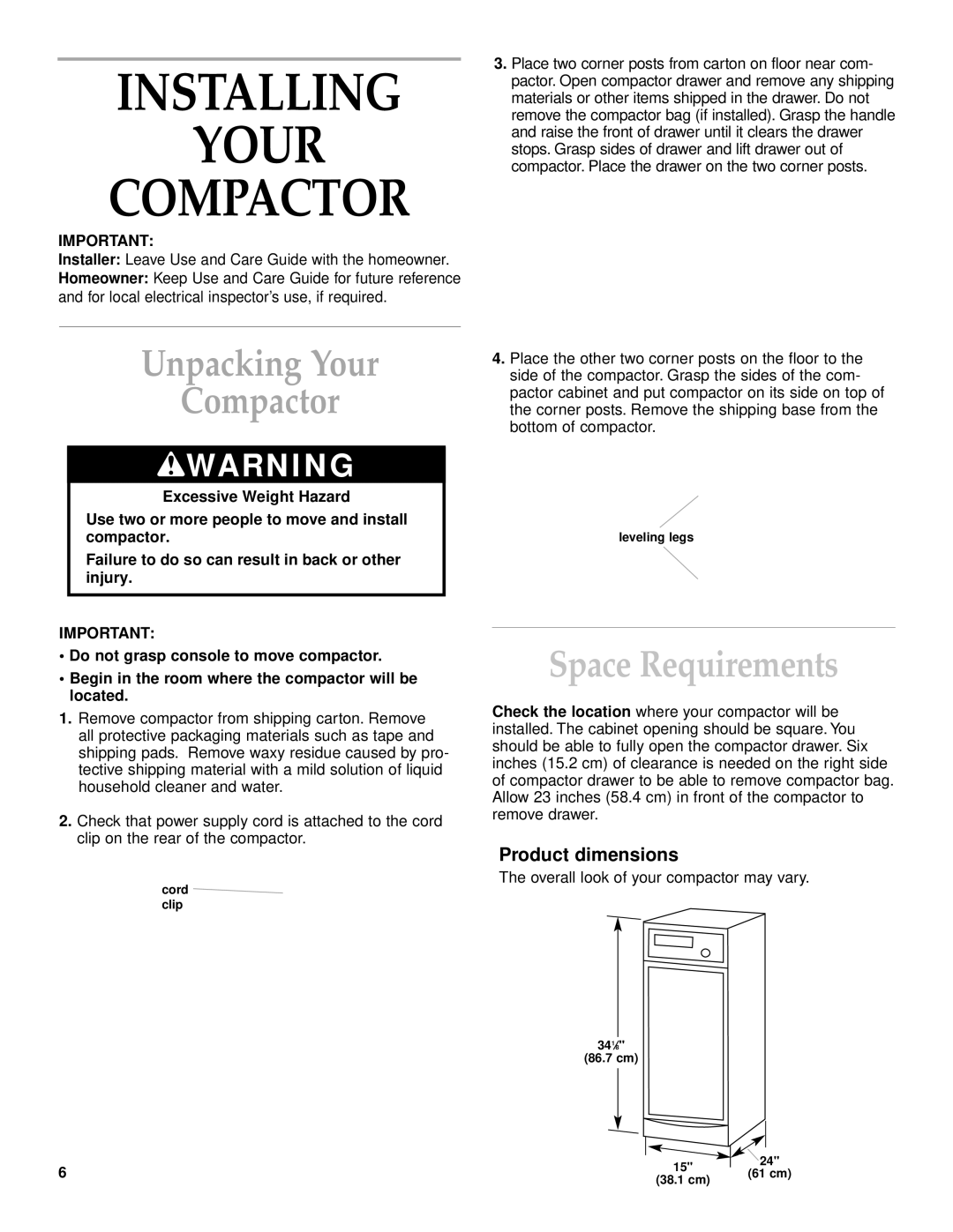 KitchenAid KUCC151, KCCC151 manual Installing Your Compactor, Unpacking Your Compactor, Product dimensions 