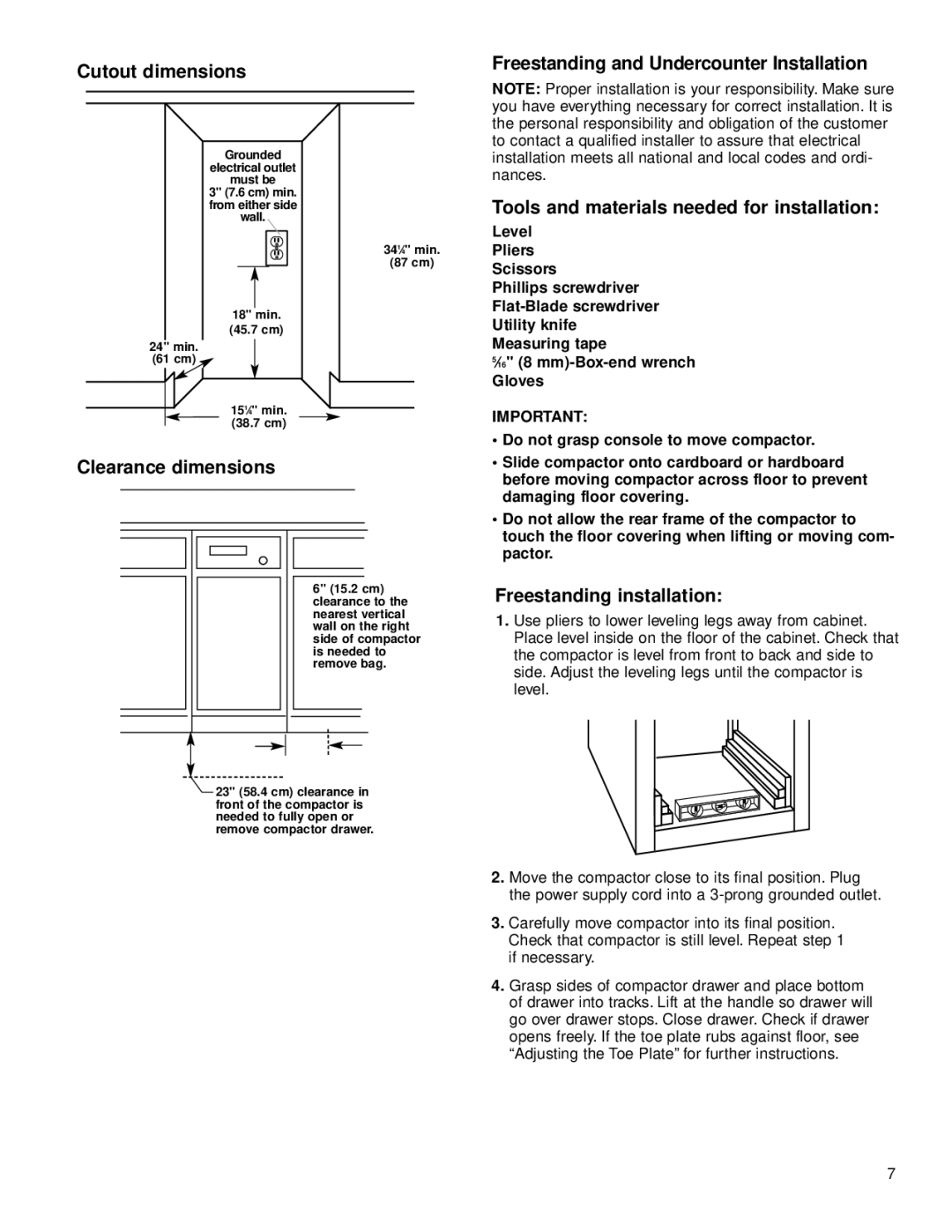 KitchenAid KCCC151, KUCC151 Tools and materials needed for installation, Clearance dimensions, Freestanding installation 