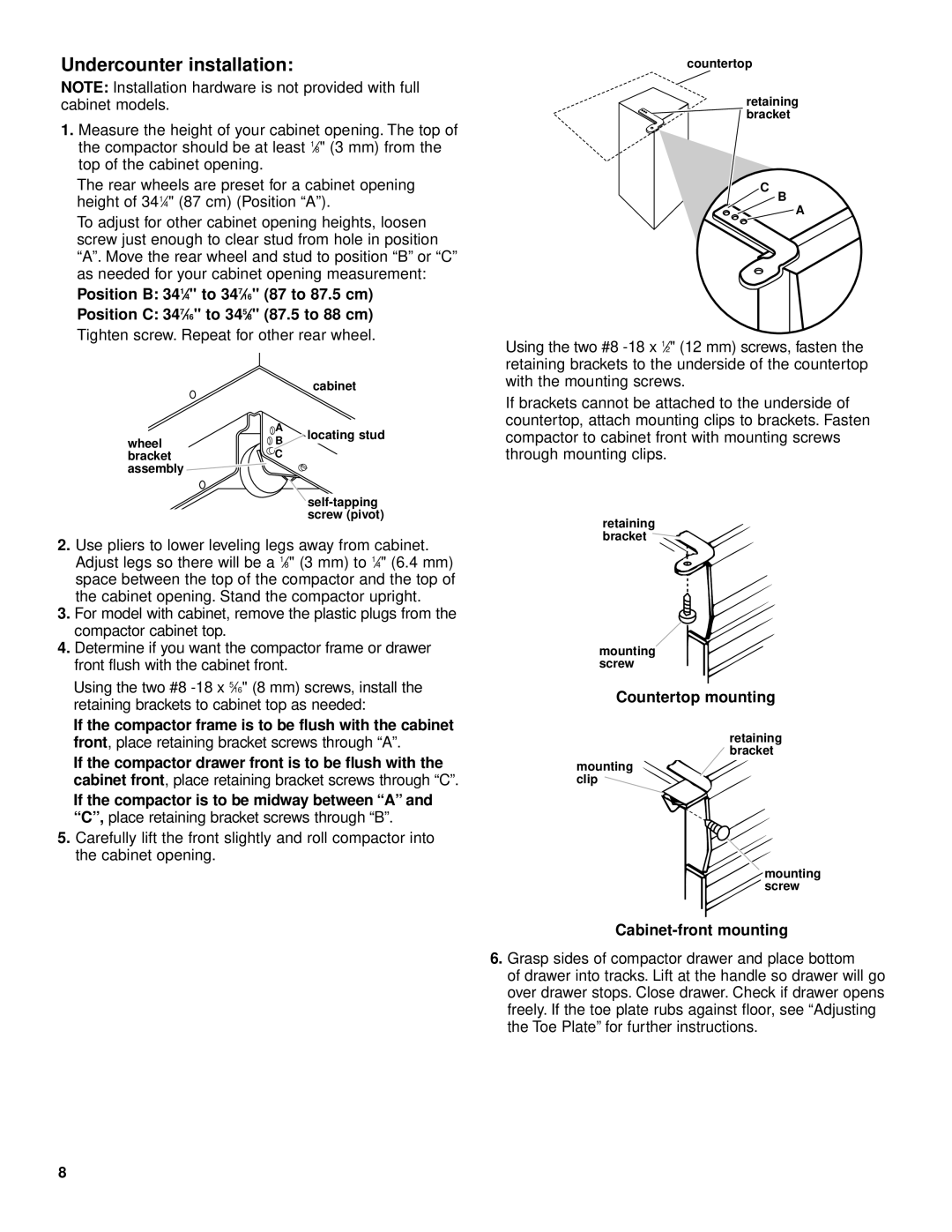 KitchenAid KUCC151, KCCC151 manual Undercounter installation, Countertop mounting, Cabinet-front mounting 