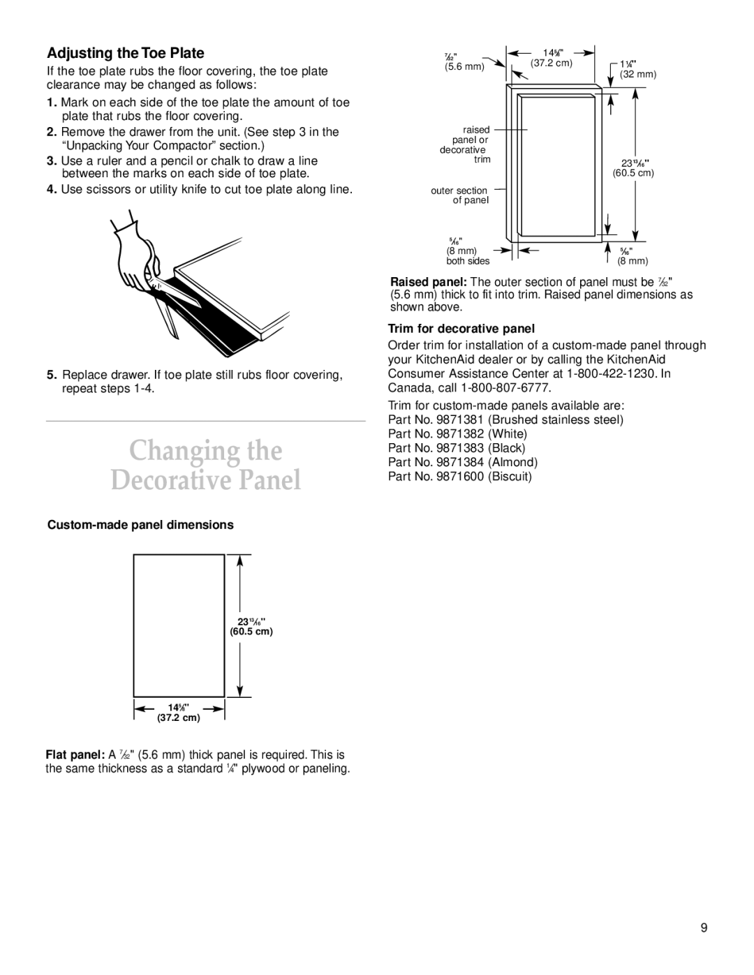 KitchenAid KCCC151, KUCC151 manual Adjusting the Toe Plate, Custom-made panel dimensions, Trim for decorative panel 