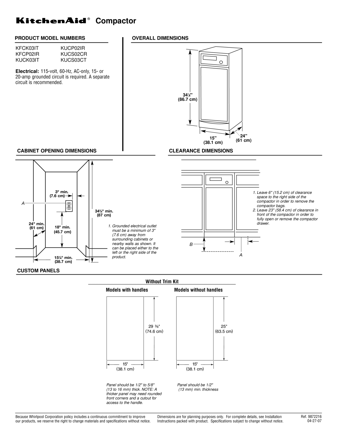 KitchenAid KFCP02IR dimensions Product Model Numbers, Cabinet Opening Dimensions Overall Dimensions, Clearance Dimensions 