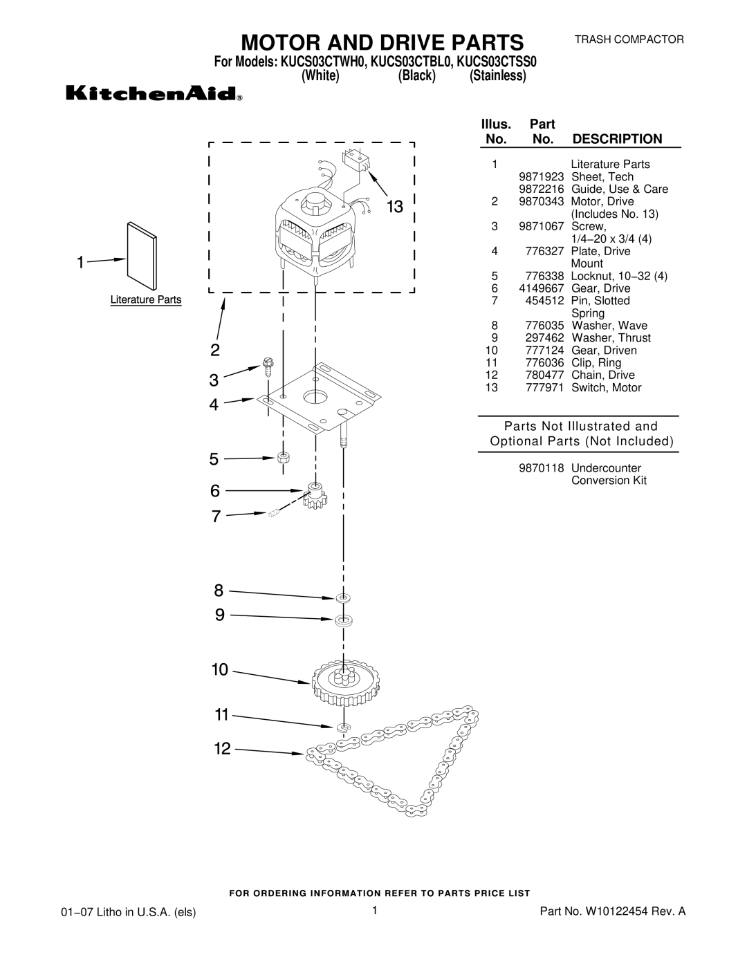 KitchenAid KUCS03CTSS0, KUCS03CTBL0, KUCS03CTWH0 manual Motor and Drive Parts, Description 