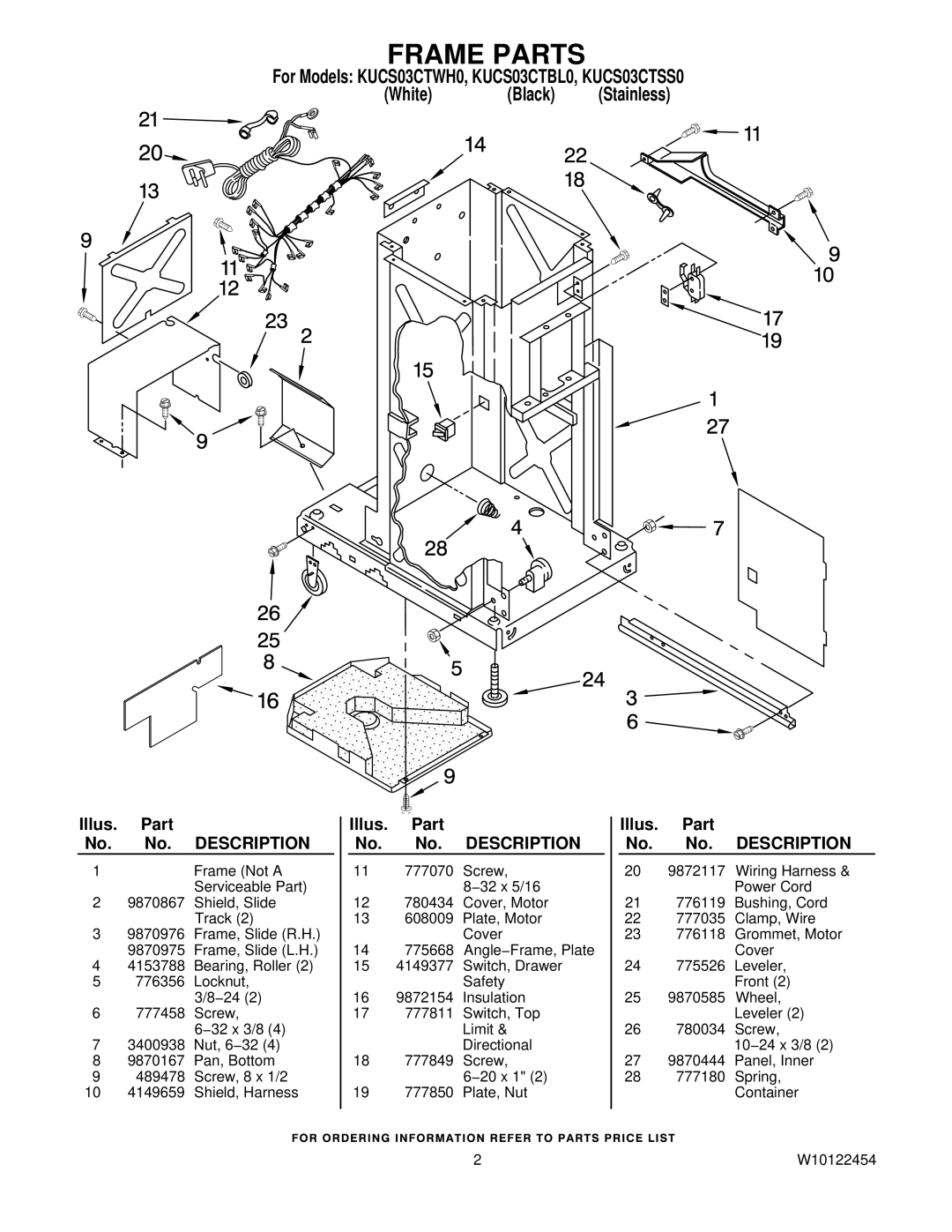 KitchenAid KUCS03CTWH0, KUCS03CTBL0, KUCS03CTSS0 manual Frame Parts, Illus. Part No. No. Description 