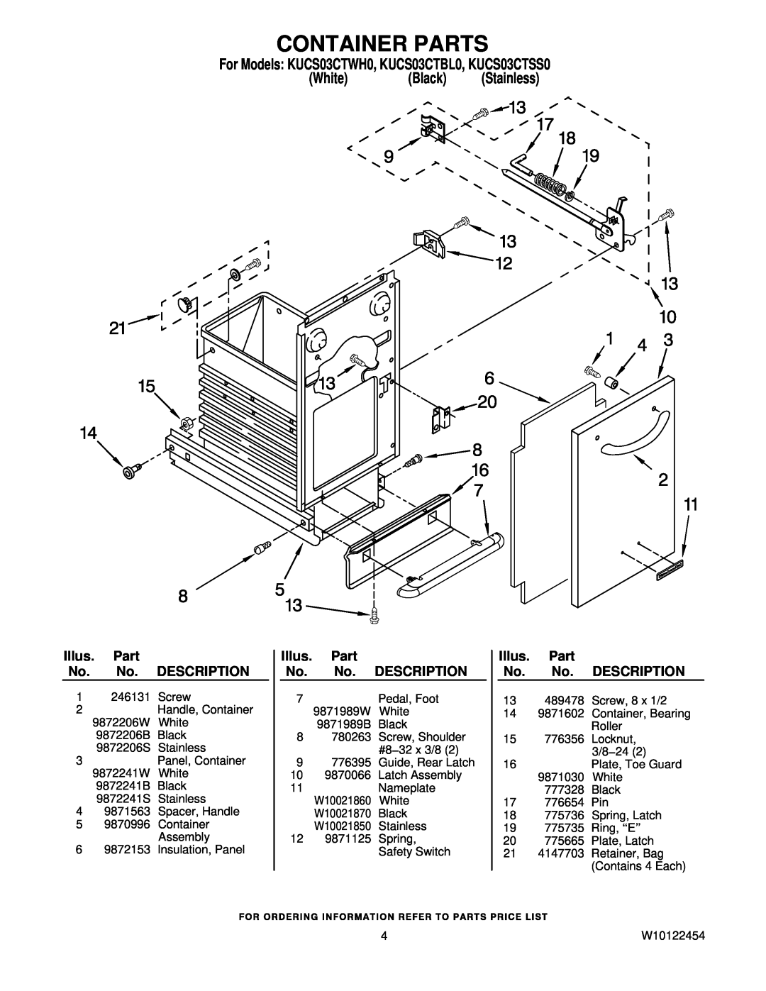 KitchenAid manual Container Parts, For Models KUCS03CTWH0, KUCS03CTBL0, KUCS03CTSS0, White, Black 