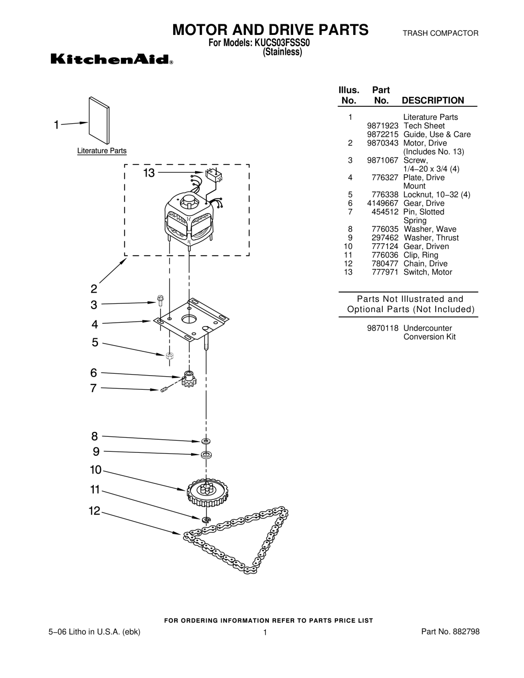 KitchenAid manual Motor and Drive Parts, For Models KUCS03FSSS0 Stainless 