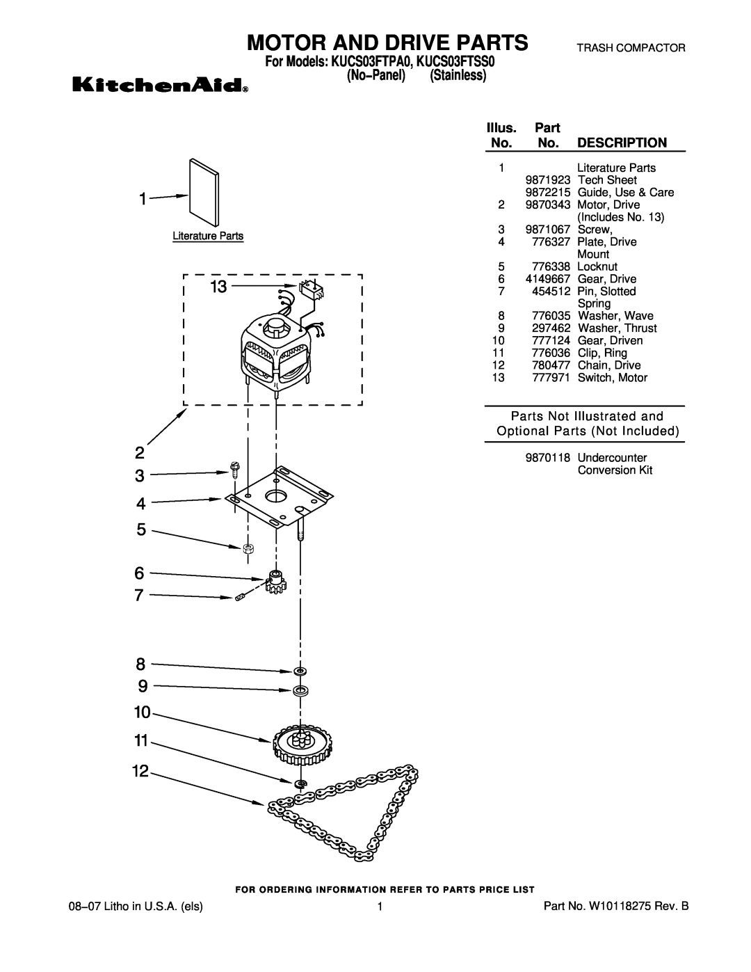 KitchenAid manual Motor And Drive Parts, No−Panel, Illus, Description, For Models KUCS03FTPA0, KUCS03FTSS0 
