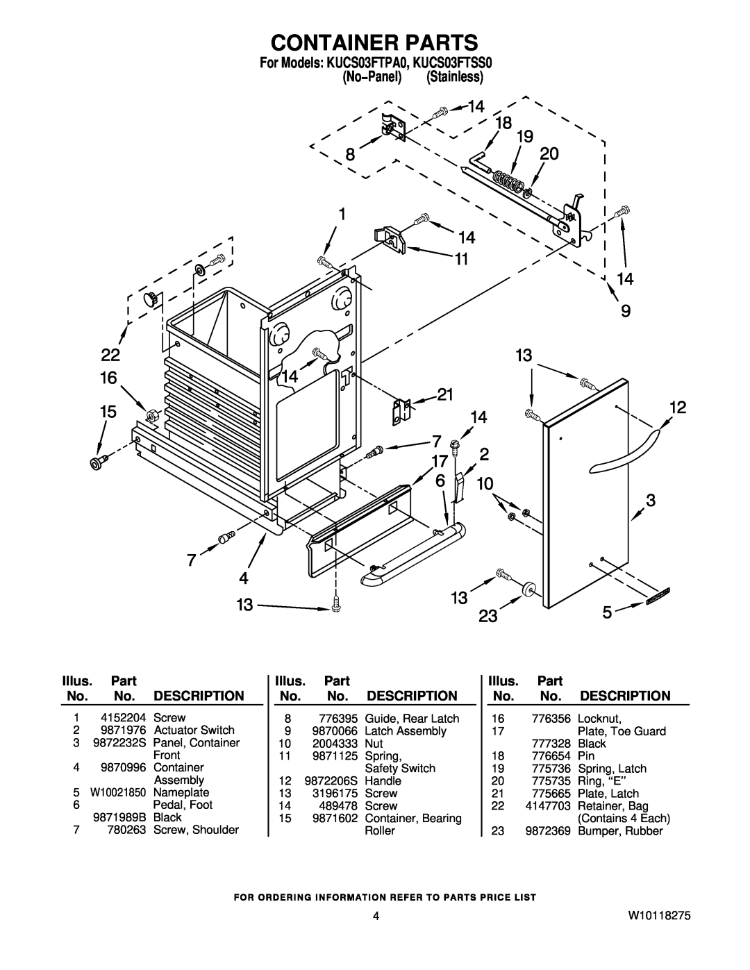 KitchenAid Container Parts, For Models: KUCS03FTPA0, KUCS03FTSS0, No−Panel Stainless, Illus. Part No. No. DESCRIPTION 