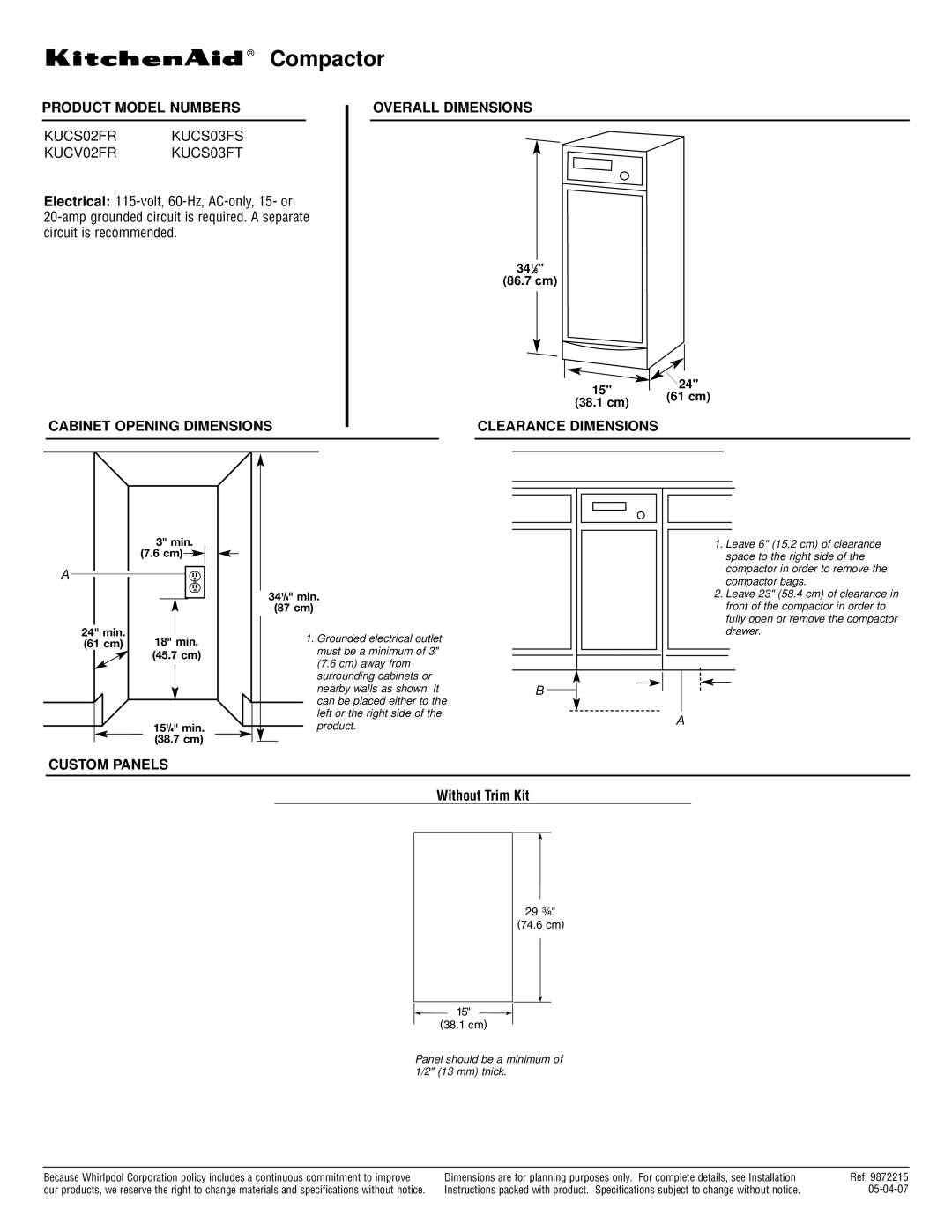 KitchenAid KUCS03FS, KUCV02FR dimensions Compactor, Product Model Numbers, Cabinet Opening Dimensions Overall Dimensions 