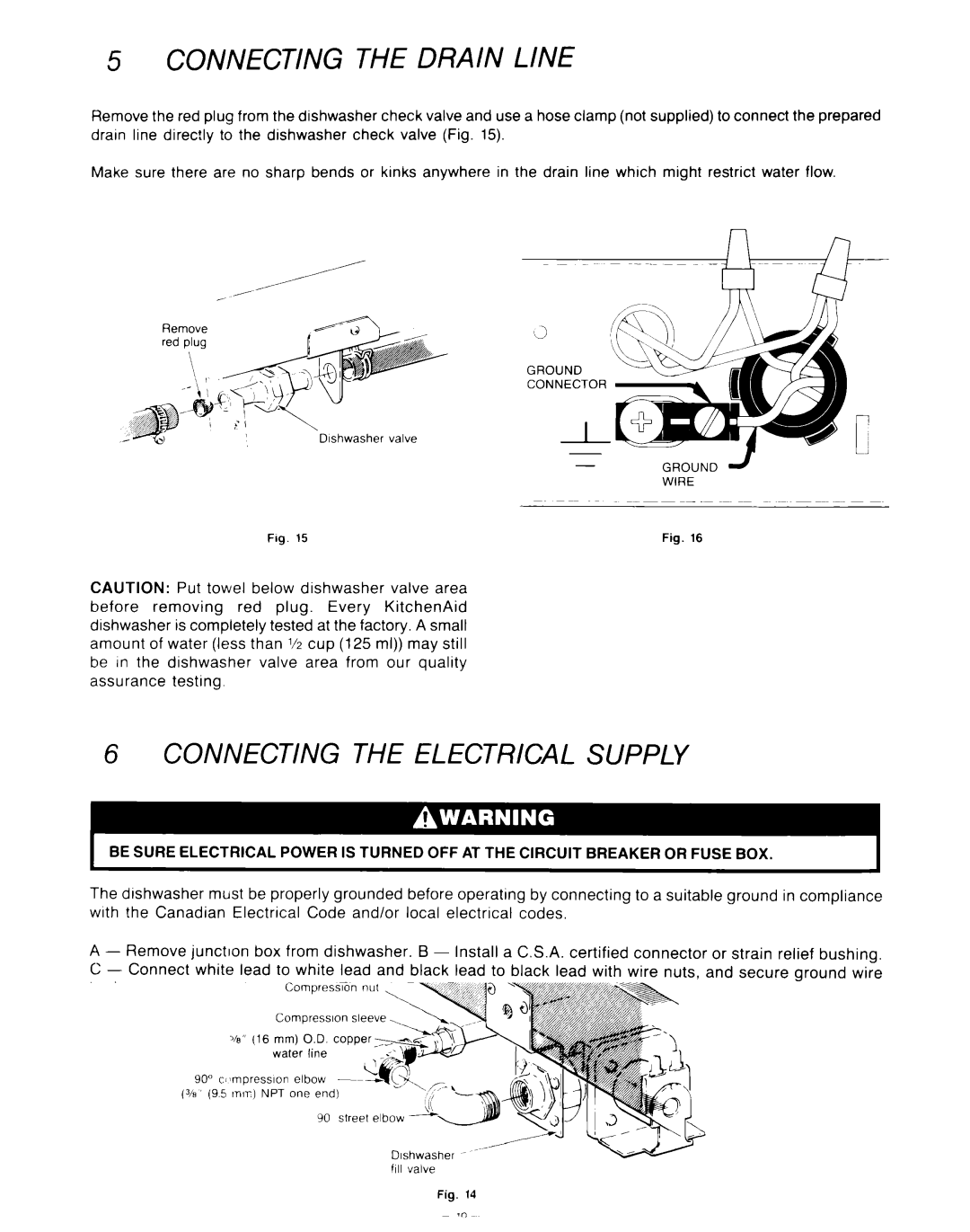 KitchenAid KUD-22 manual Connecting the Drain Line, Connecting the Electrical Supply 