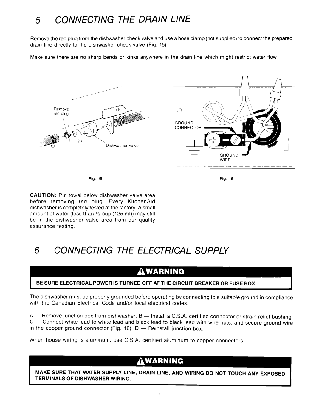 KitchenAid KUD-22 manual Connecting The Drain Line, Connecting The Electrical Supply, connector, C.S.A 