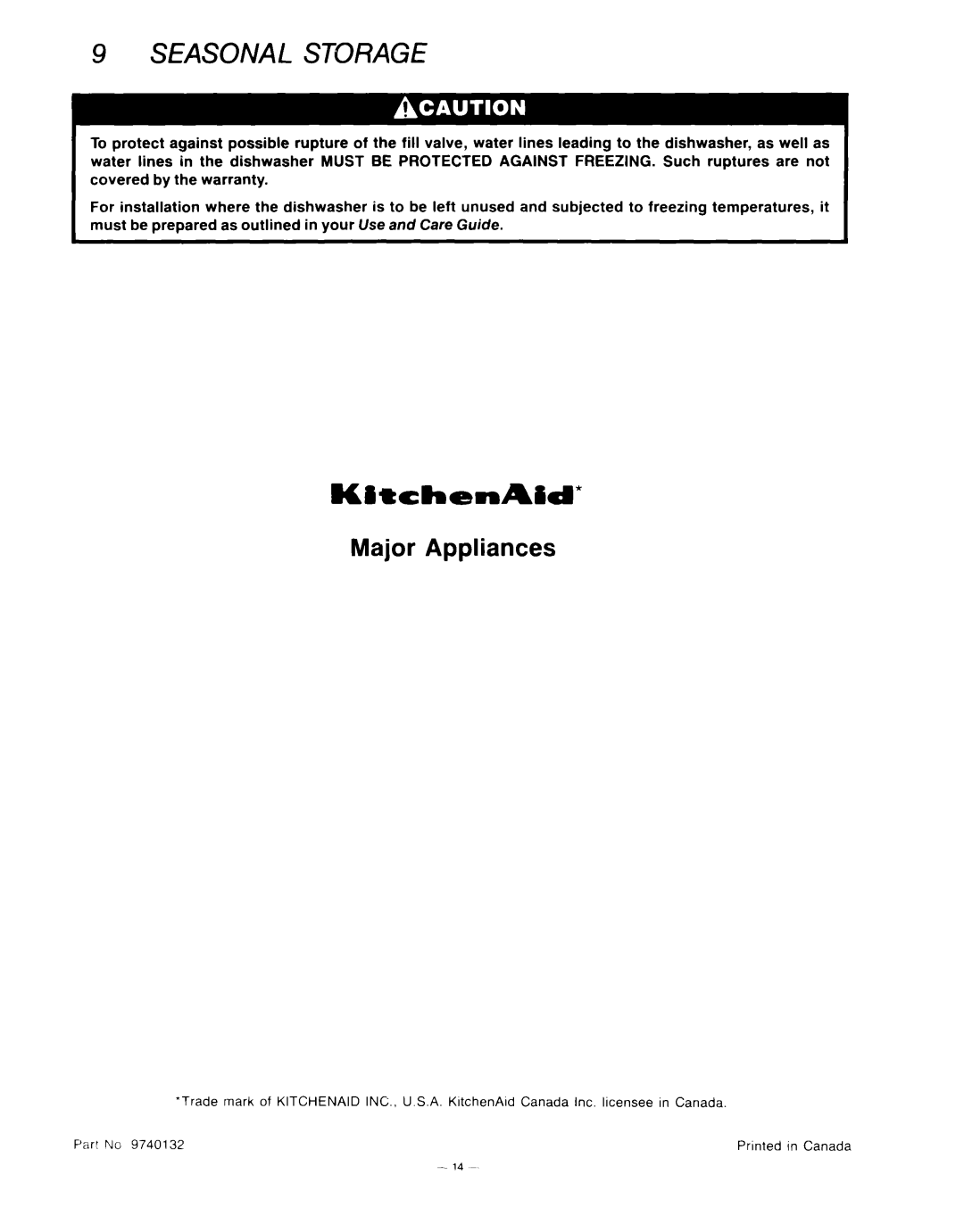 KitchenAid KUD-22 manual Seasonal Storage, KitthenAid, Major Appliances 