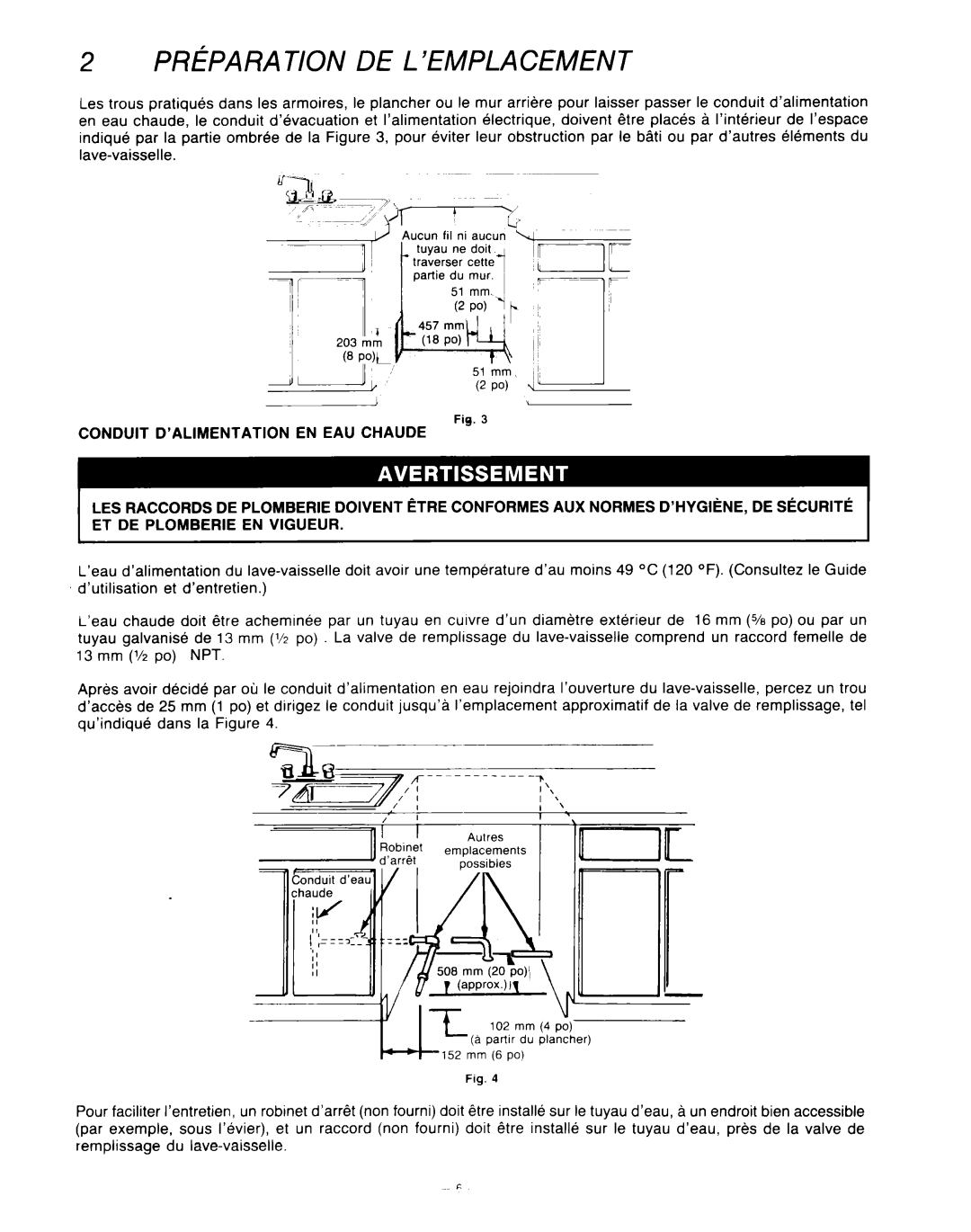 KitchenAid KUD-22 manual Preparation De L’Emplacement, 51 mm, 2 PO, a parfir du &a&her 152 mm 6 po 