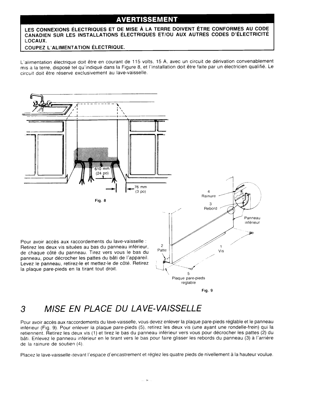 KitchenAid KUD-22 manual Mise En Place Du Lave-Vaisselle, Plaque pare-pleds reglable 