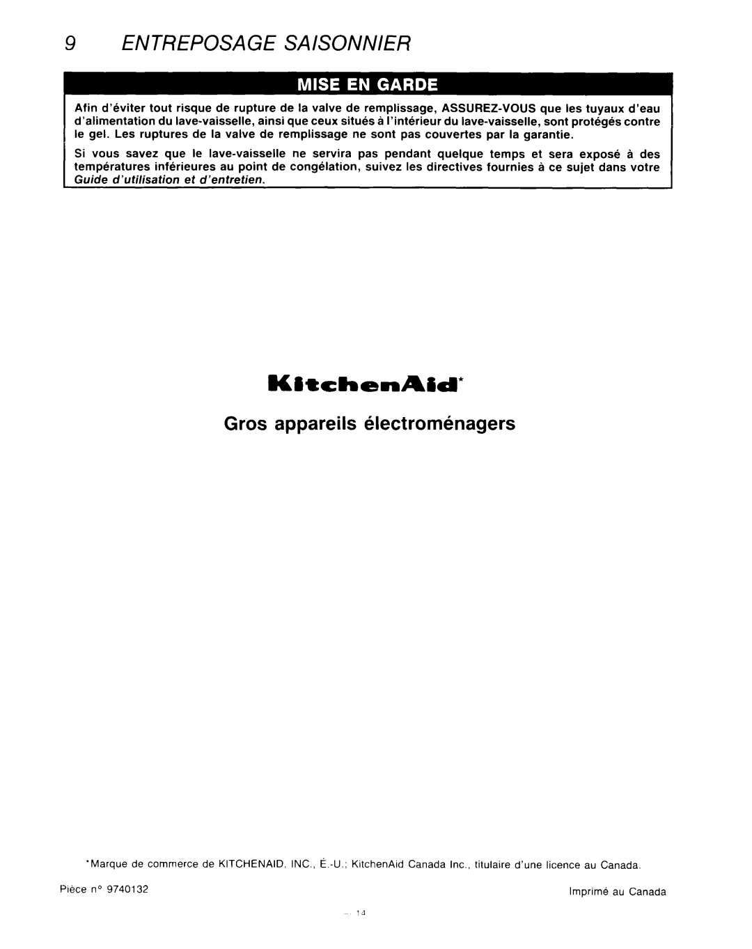 KitchenAid KUD-22 manual KitthenAid’, ENTREPOSAGE SAlSONNlER, Gros appareils klectromhagers 