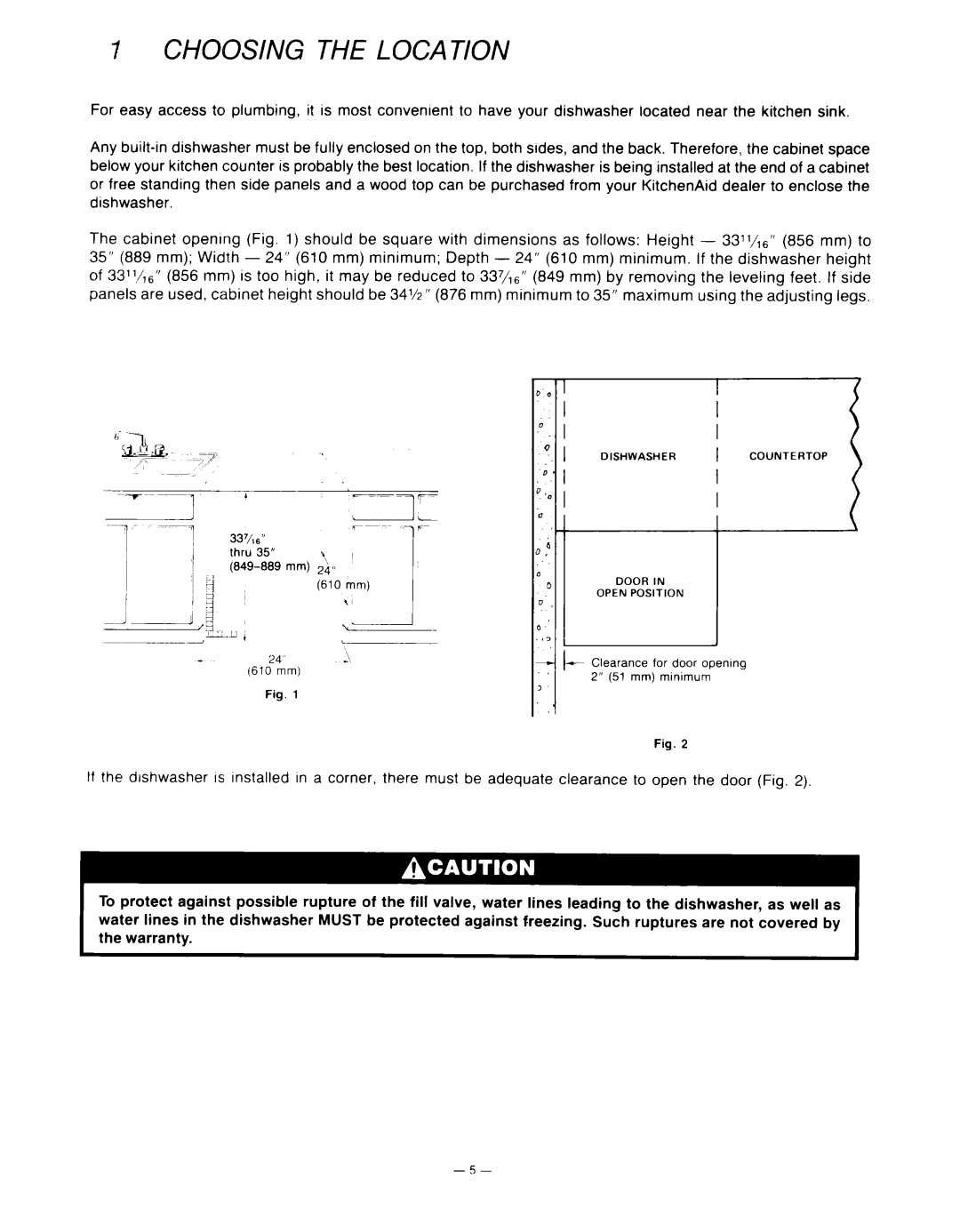 KitchenAid KUD-22 manual I Choosing The Loca T/On, I- ‘1 337/,6” thru 35” ‘I 849-889 mm 