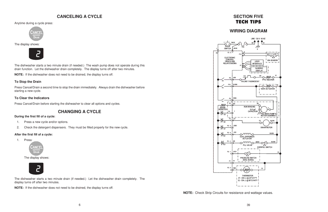 KitchenAid KUD01, KAD-7 manual Tech Tips, Canceling a Cycle, Changing a Cycle, Section Five, Wiring Diagram 