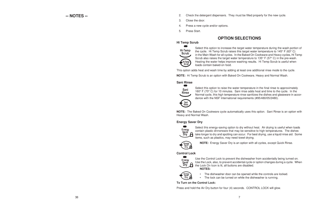 KitchenAid KAD-7, KUD01 manual Option Selections, Hi Temp Scrub, Sani Rinse, Energy Saver Dry, Control Lock 