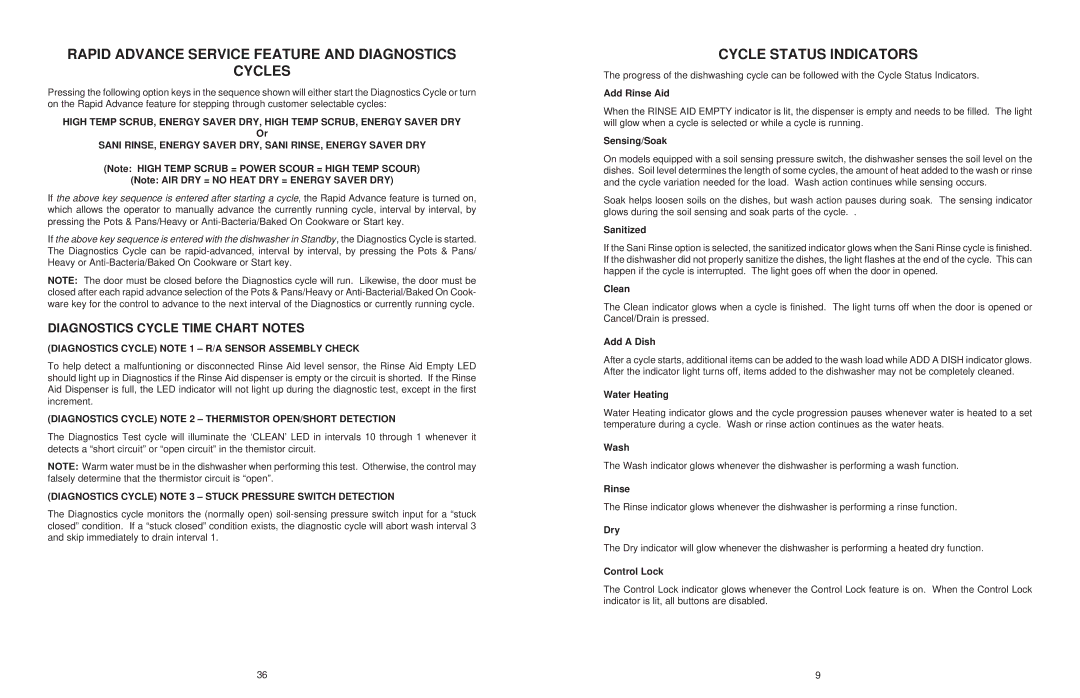 KitchenAid KAD-7, KUD01 manual Rapid Advance Service Feature and Diagnostics Cycles, Cycle Status Indicators 