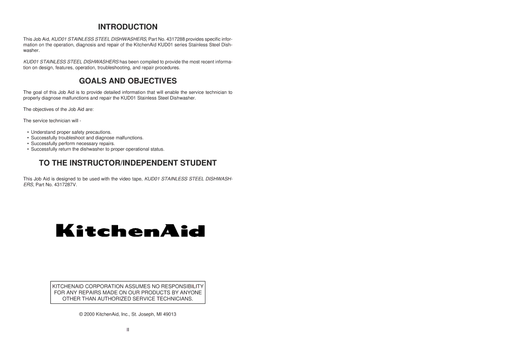 KitchenAid KUD01, KAD-7 manual Introduction 