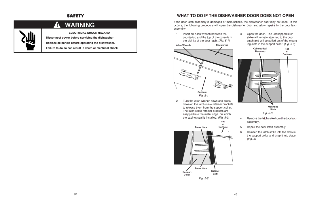 KitchenAid KUD01, KAD-7 manual Safety, What to do if the Dishwasher Door does not Open 